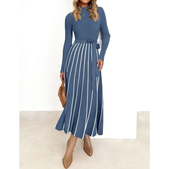 Women's Dusty Blue Tie Waist Casual Ribbed Knit Long Sleeve Sweater Midi Dress - Picture 2 of 7